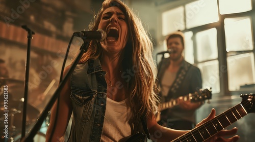 A dynamic shot of the girl belting out lyrics while the guy plays a rock guitar riff. 
