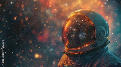 An astronaut's helmet with a reflection of the universe on the visor.