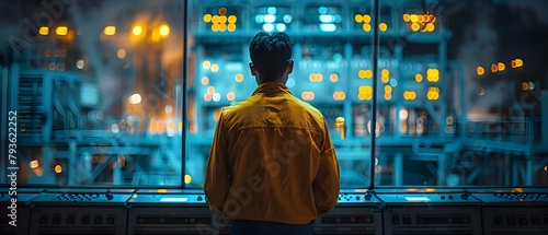 Engineer working at blue central control panel in power plant viewed from behind. Concept Engineering, Control Panel, Power Plant, Behind View, Industrial Tech