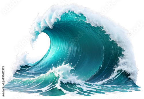 Tidal tsunami wave, sea foam, teal stormy ocean wave. Png isolated clipart, photorealistic illustration on transparent background