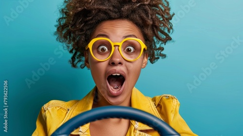 Portrait of african american female driver keeping steering wheel staring at blank space isolated on vivid blue background
