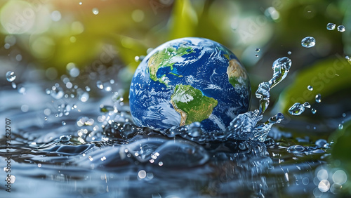 Save Water, Save Earth: Conceptual Image of Globe and Nature Symbols, Global Environmental Awareness