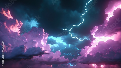 Neon clouds with lighting storm, fantasy neon background, ultra high definition