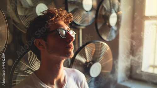 Portrait of a young man with several fan around him to reduce summer heat and get some fresh air