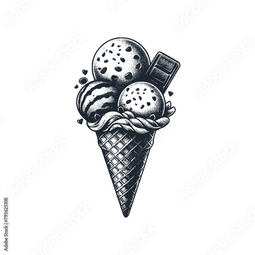 The cone ice cream. Black white vector illustration.
