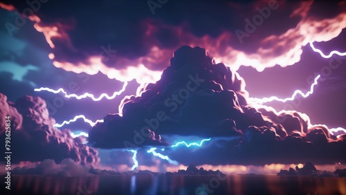 Neon clouds with lighting storm, fantasy neon background, ultra high definition