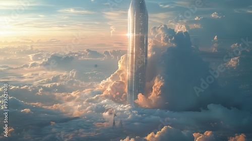 Frame a moment of architectural brilliance as a futuristic skyscraper pierces the clouds, its sleek lines and shimmering glass facade standing as a testament to human ingenuity.