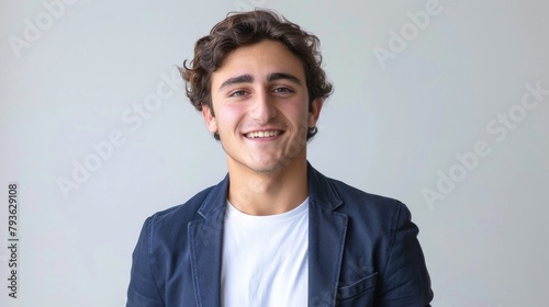 A young entrepreneur in a startup t-shirt and blazer, pitching an idea with a smile, full of ambition and enthusiasm, against a plain light grey background, styled as an entrepreneurial event.