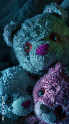 Enigmatic stuffed animals showing immune response in a dark, plush world