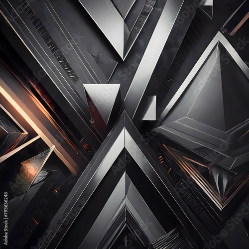 a dynamic wallpaper design with futuristic dark geometric elements, using bold angles and sharp contrasts to evoke a sense of depth and complexity. The composition should resonate with modernity and i