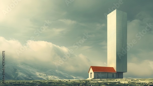 concept of wealth inequality with a tall skyscraper overshadowing a small house, symbolizing the gap between the rich and the poor, portrayed in full ultra HD high resolution against a muted backdrop.