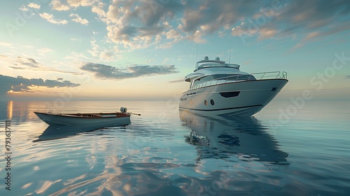 contrast in wealth with a luxurious yacht and a simple rowboat, symbolizing different lifestyles, portrayed in full ultra HD high resolution against a serene backdrop.