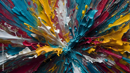 The image is an abstract painting with splashes of red, blue, yellow, and white paint. The paint is in various shapes, such as splatters and lines, creating a dynamic and colorful explosion.