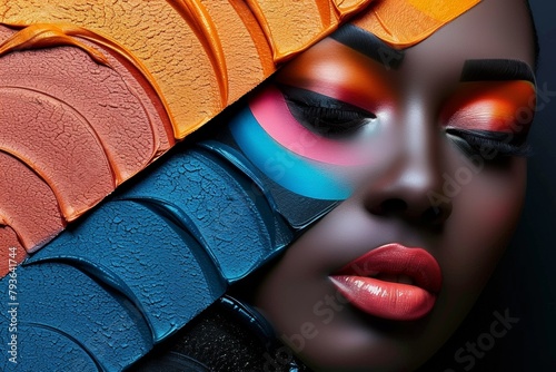 Fashion portrait of a young woman with bright makeup and impeccable style showing off a palette of bright eyeshadows.
