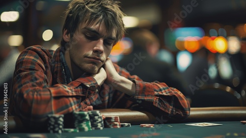 Casino: A photo of a player at a poker table, showing frustration and disappointment after losing a hand