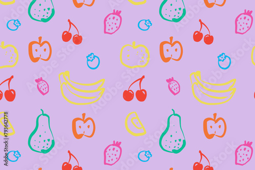 Colourful fruits hand drawn seamless pattern isolated violet background. Wallpaper with cherry, blueberry, banana line art illustration. Design for healthy eating and food packaging. 