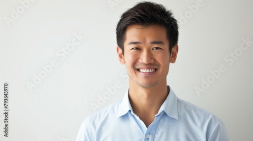 An East Asian male engineer in a light blue shirt, eyes twinkling with a hint of a smile, suggesting amiability and intelligence, against a plain white backdrop, styled as a friendly corporate.