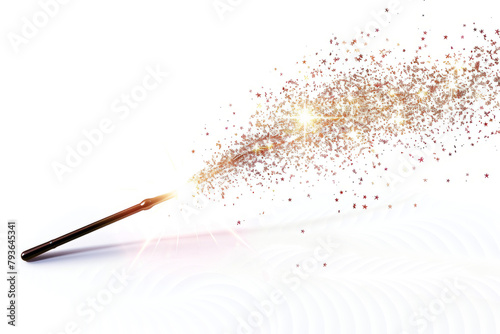 Magical wand creating sparkling spells on white background