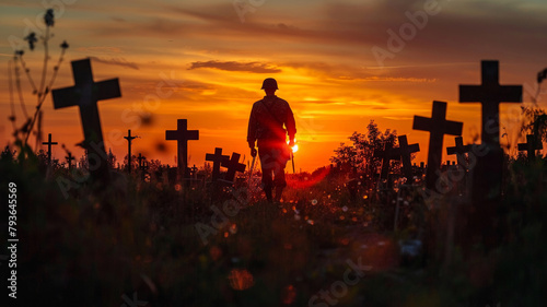 Cemetery crosses and soldier silhouette at sunset, spacious text area, background spotless, serene