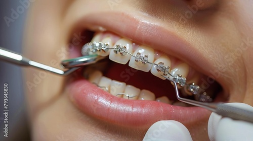 Detailed view of braces treatment on a teenager, dental tools in use, simple background, educational focus,