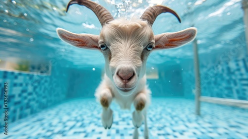 Hilarious underwater scene goat in pool plays deep dive action, Ai Generated.