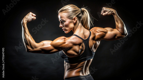 A muscular woman flexing her arm to show off his biceps