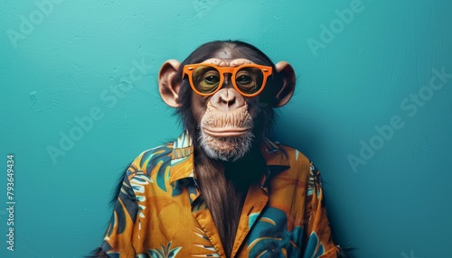 Chimpanzee in trendy hawaiian shirt and orange sunglasses for a fashionable look