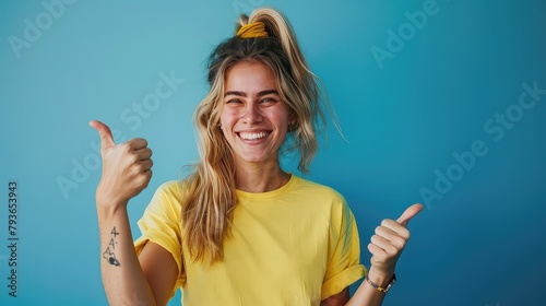 Young Russian girl isolated on blue background giving a thumbs up gesture