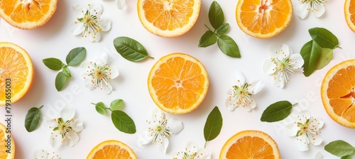 Fresh sliced oranges with blossoms and green leaves on white background, vibrant citrus fruit