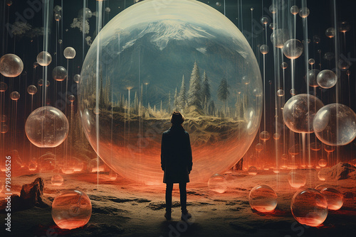 A solitary figure stands before a large sphere encapsulating a snow-capped mountain and pine trees, surrounded by floating orbs in a dim environment