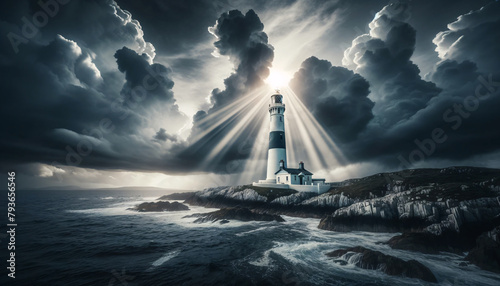 a solitary lighthouse standing on a rugged coastline