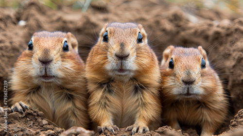 three cute funny gopher, brown background