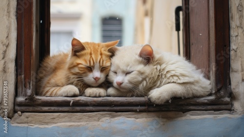 Two cats sprawled on a window sill, basking in the sun
