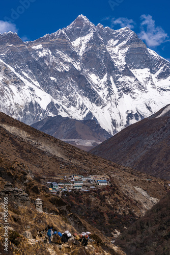 Himalayan village with Lhotse south wall in the background