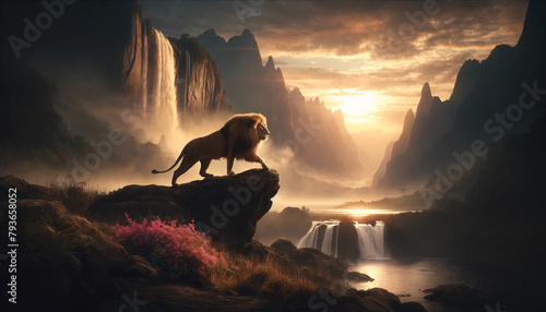 a majestic lion striding confidently across a rocky outcrop