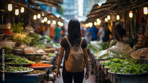 A woman leisurely strolling through a bustling market overflowing with colorful vegetables