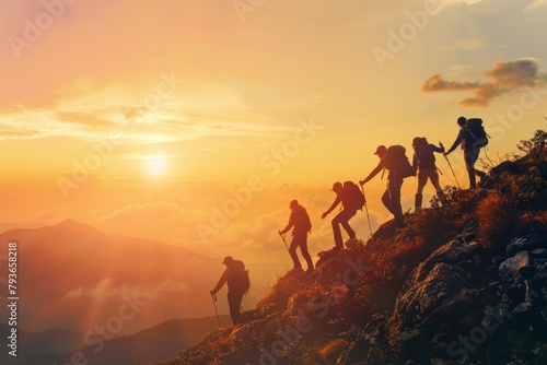 People is Helping Each Other to Hike up A Mountain at Sunrise. Giving a Helping Hand, and Active Fit Lifestyle Concept