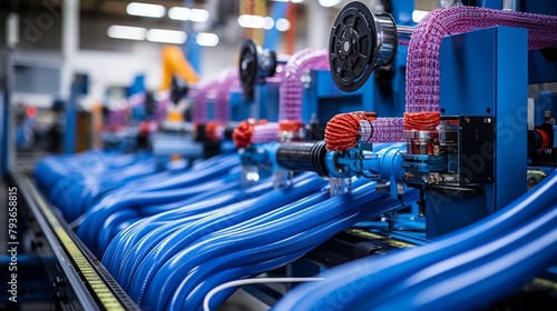 A line of vibrant blue hoses neatly aligned in a factory setting