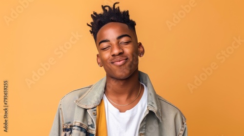 Casual Confidence: Young African American Gen Z male in casual attire, standing against a clean beige background, confidently winking at the camera. Expresses charisma and youthful energy.