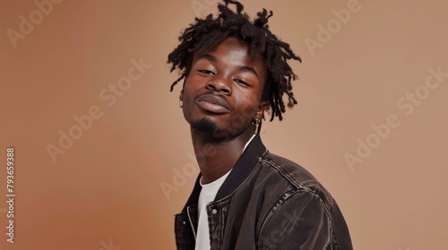 Casual Confidence: Young African American Gen Z male in casual attire, standing against a clean beige background, confidently winking at the camera. Expresses charisma and youthful energy.