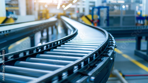 An empty conveyor belt curves through a modern factory setting, well-lit and with no workers visible, depicting industrial automation, Generative AI.