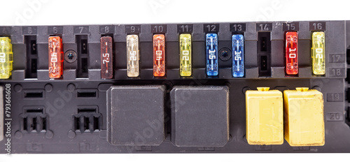 Automotive fuses box in different colors and each color is responsible for the specific value of the protection defined in amperes. Catalog of spare parts.