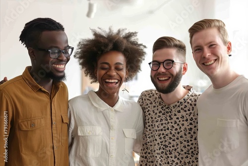 Portrait of happy diverse young business team standing together in office. Multiethnic group of coworkers laughing and looking at camera. Teamwork concept