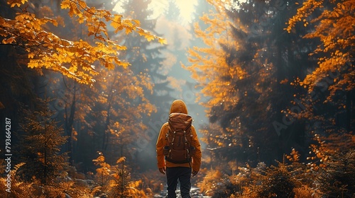 The tourist walking at autumn in the forest