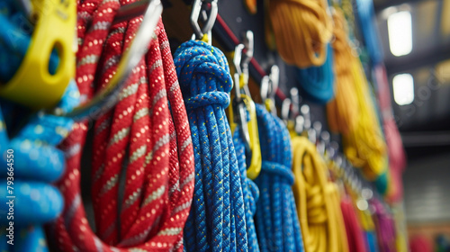 A row of climbing ropes and harnesses hanging in an indoor climbing gym, ready for climbers to embark on their ascent.