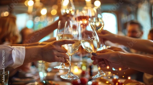 Against the backdrop of a delicious meal, friends toasting offer heartfelt cheers, savoring the simple pleasures of good food and great company.