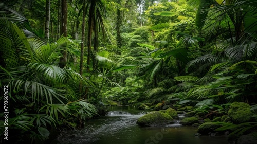 river cascades gently through a dense, lush green forest, surrounded by towering trees and vibrant vegetation, quiet river meandering through a thick rainforest
