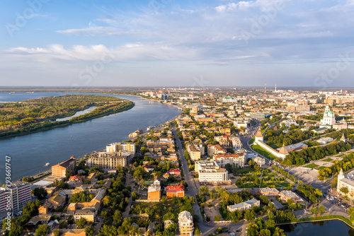 Astrakhan, Russia. Astrakhan Kremlin. Panorama of the city from the air in summer. Volga river. Sunset time. Aerial view