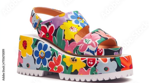 A pair of chunky platform sandals with a colorful floral print AI generated illustration