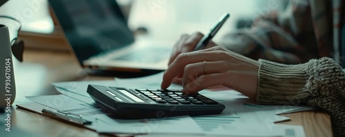 A person using a calculator to do financial planning on a desk with a laptop and documents,